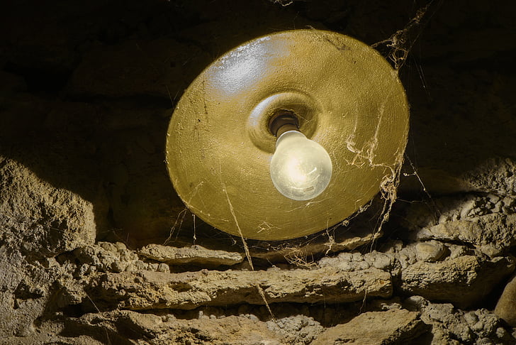 Lámpara, tela de araña, de la cueva, iluminación, muro de piedra, polvo, sucia