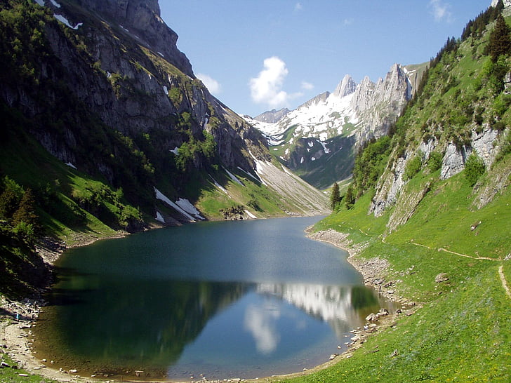alpine, mountains, hiking, trekking, lake, alpstein, switzerland