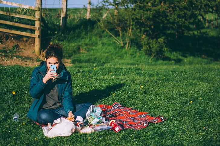 female, iphone, person, picnic, smartphone, woman, outdoors