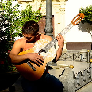 zenész, gitár, eszköz, kötelek, hang, zenei, utcai zenész