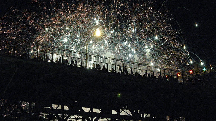 black, concrete, bridge, brown, blue, fireworks, photo