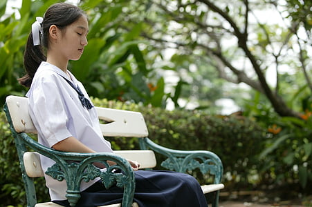 woman, sitting, thailand, asian, girl, bench, park