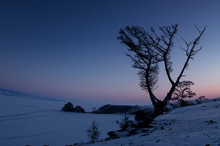 зимни, нощ, сняг, езерото Байкал