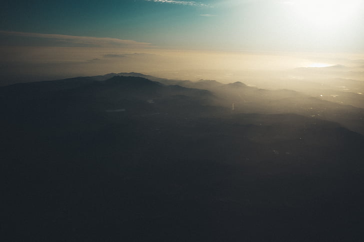 silhouette, mountains, aerial, view, sky, sunset, nature