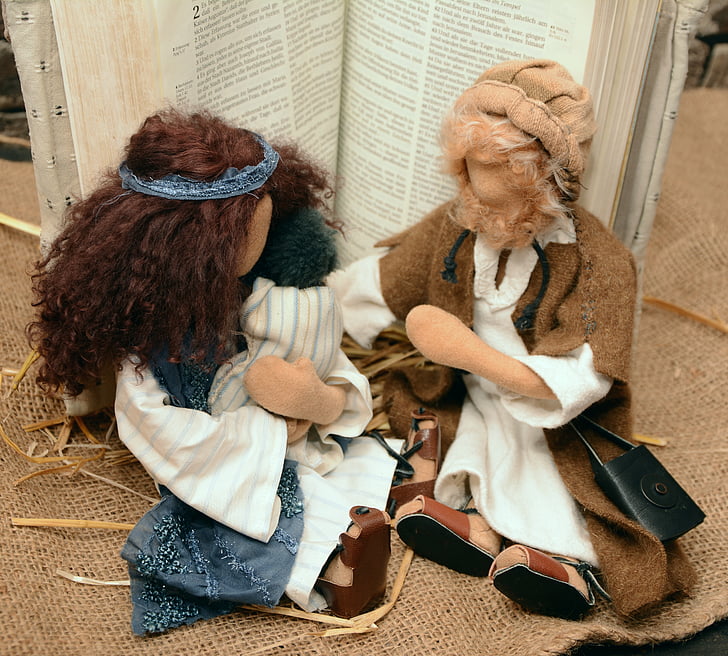 figure, bambole, figure bibliche di narrativa, Maria e Giuseppe, nascita di Gesù, bambino, storia di Natale
