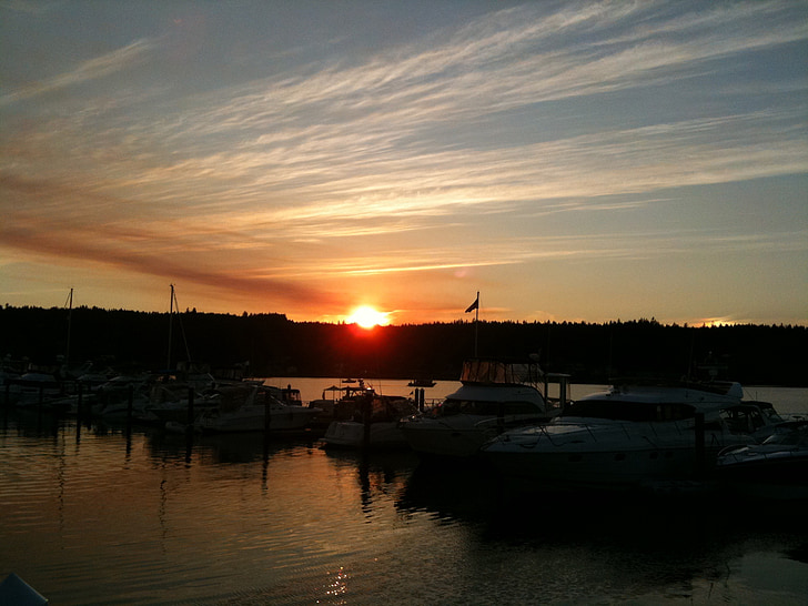 naplemente, Washington, Bay, csónakok, Sky, Seattle-ben, északnyugati