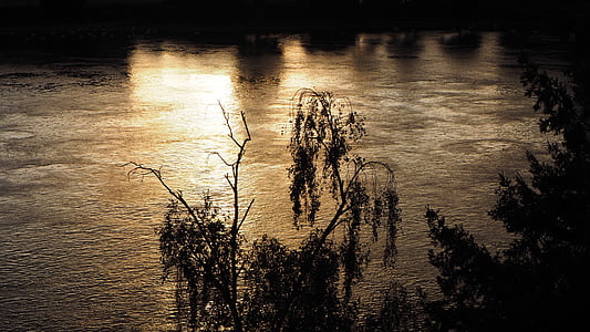 Rýn, Dreiländereck, Weil am rhein, večer, Západ slunce, řeka, Příroda
