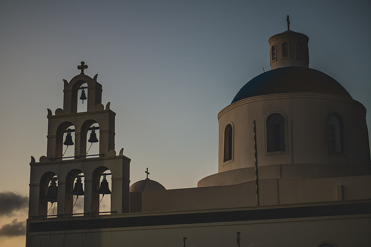 Crkva, zvona, zalazak sunca, Santorini, Grčka, Grčki otoci, putovanja