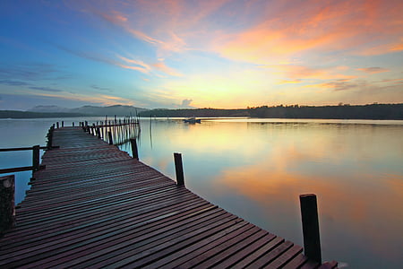 clouds, dawn, dock, dusk, jetty, lake, nature