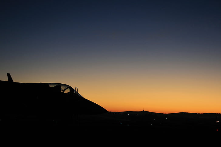 jet, aircraft, dawn, sky, glow, fighter, silhouette