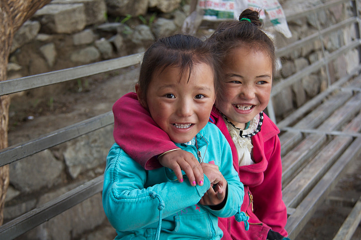dievčatá, Tibet, deti, šťastný, úsmev, deti, Nepál