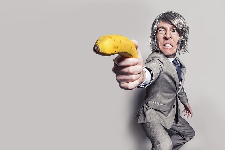 action, adult, angry, arm, banana, designer suit, expression