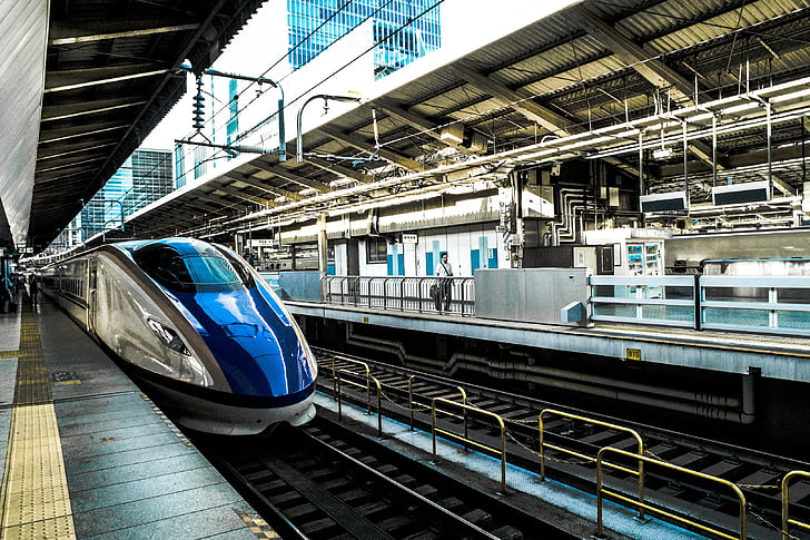 blauw, grijs, opsommingsteken, trein, vervoer, platform, station