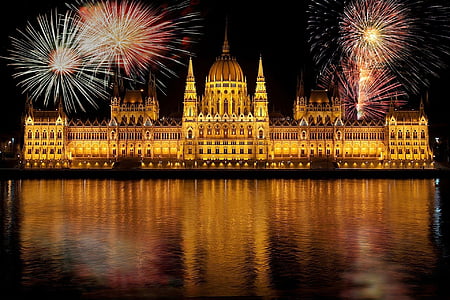 orientační bod, budova, ilustrace, obloha, voda, Budapešť, parlament, Maďarsko
