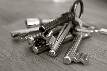 en noir et blanc, trousseau de clés, Closeup, clés de porte, clés, Metal, métalliques