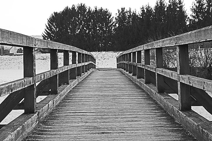 bridge, wooden bridge, transition, crossing, black and white