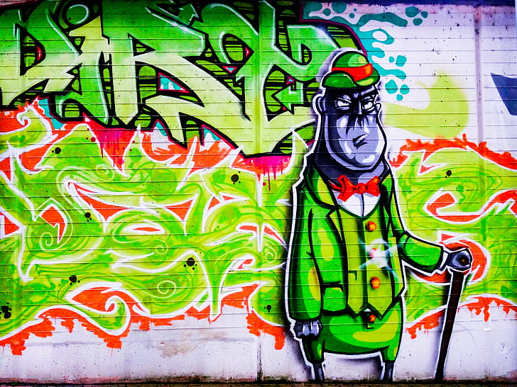 Graffiti, cappello, umano, decorazione, verniciato, parete, arte