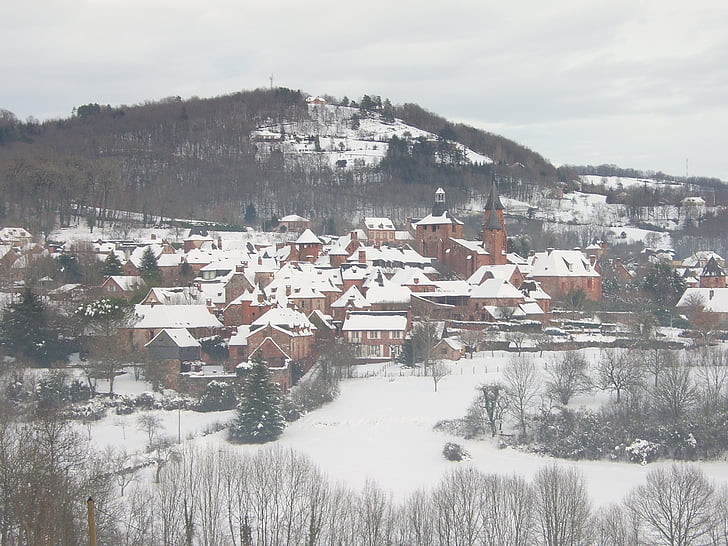 Francie, Zimní, vesnice, sníh, krajina, údolí, turistická atrakce