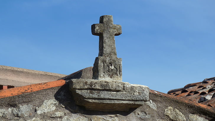 cross, rooftop, stonework, stone, building, christian, historic