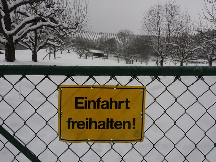 sneg, ograje, Nemčija, blizu, vrata, znak, prepovedano parkiranje