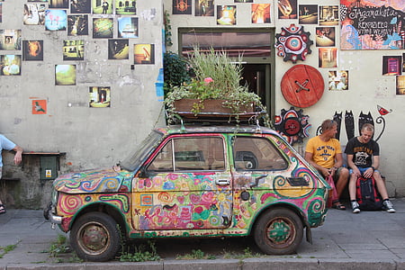 auto, staré, barevný, historické vozy, záhon, rostliny, zelená