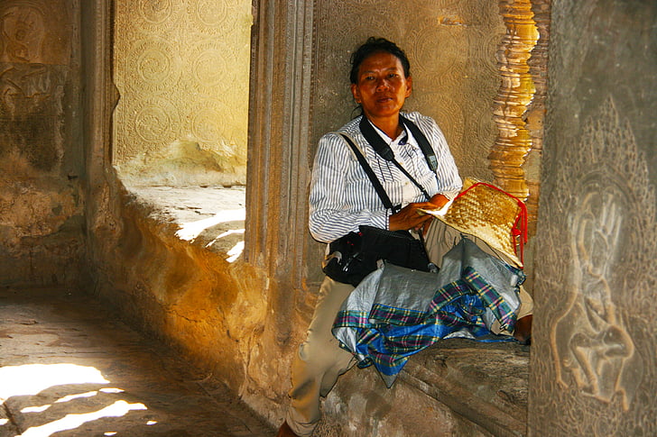 mujer, Templo de, Camboya, Ankor wat, mujer, pensamiento, viajes