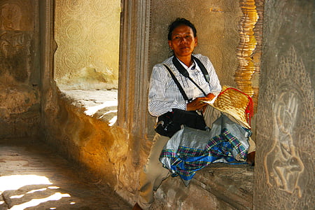 여자, 사원, 캄보디아, ankor 와트, 여성, 생각, 여행