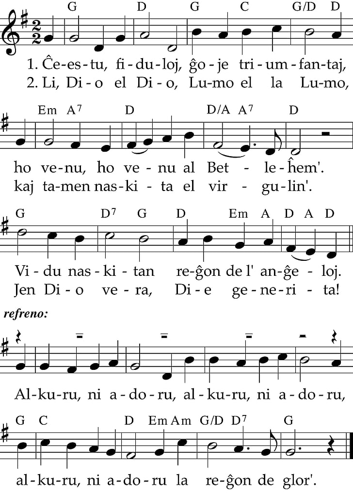adeste fideles, esperanto, oh come all ye faithful, music, christmas, song, famous