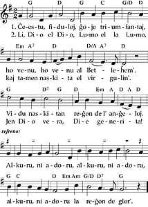 Adeste fideles, Esperanto, Oh allez-vous tous fidèles, musique, Christmas, chanson, célèbre