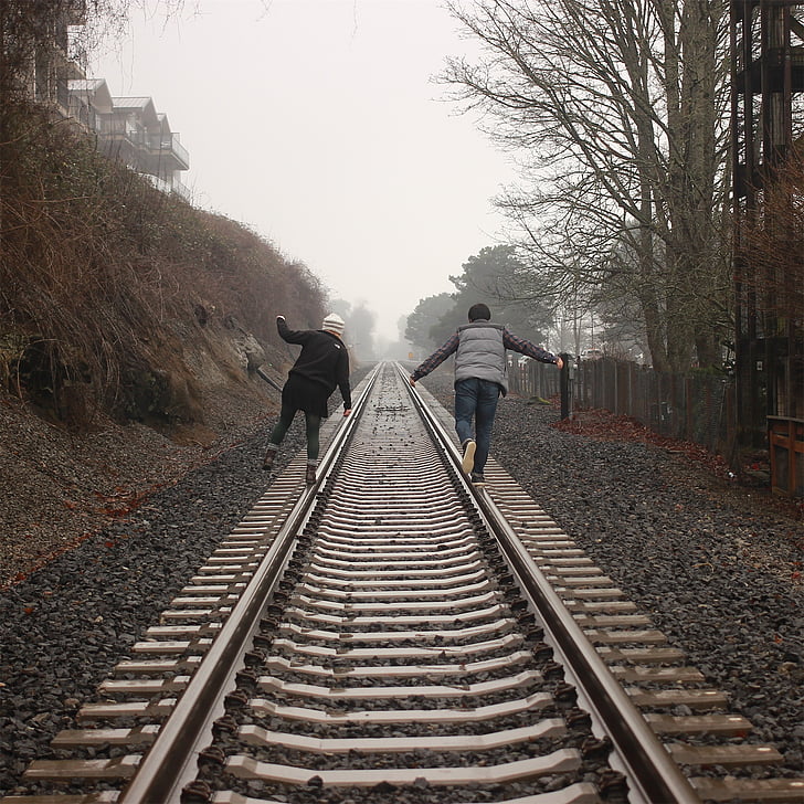 two, person, walking, railroad, daytime, people, train tracks