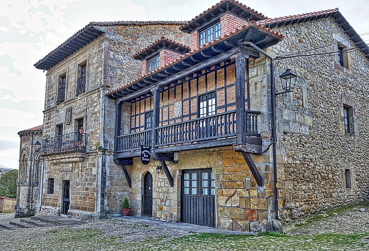 средновековна, къща, балкон, наследство, архитектура, исторически, камък
