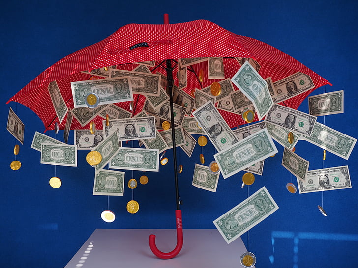 Geschenk, Geld-Regen, Dollar-Regen, Regenschirm, Geschenk-Ideen, Münzen, scheinen