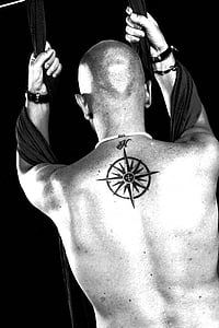 naked, man, black and white, tattoo, star of the winds