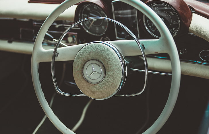 white, mercedes, benz, steering, wheel, car, vintage