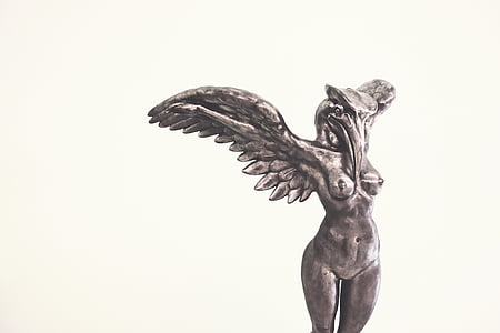 grijs, naakt, vrouw, illustratie, standbeeld, vleugels, engel
