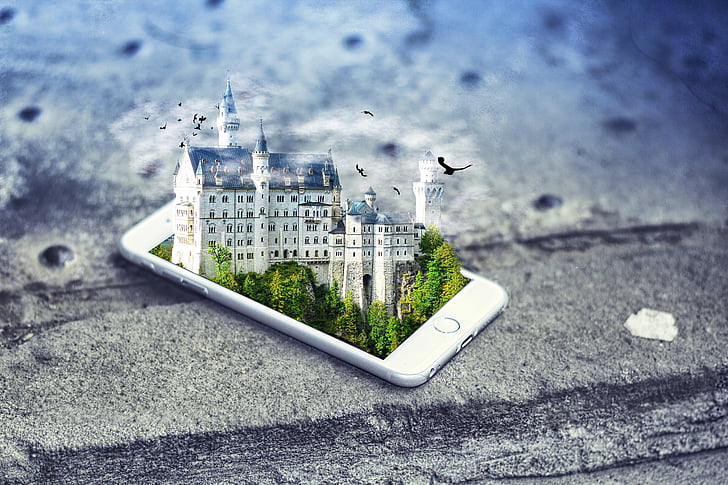 smartphone, hrad, iPhone, mobilné, Virtuálna realita, žiadni ľudia, vonku