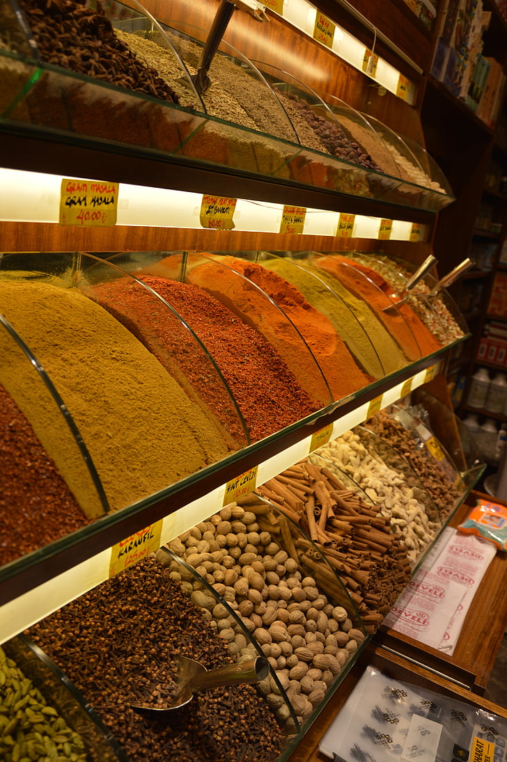 kryddor, marknaden, Istanbul, Bazar, Turkiet, curry, återförsäljare