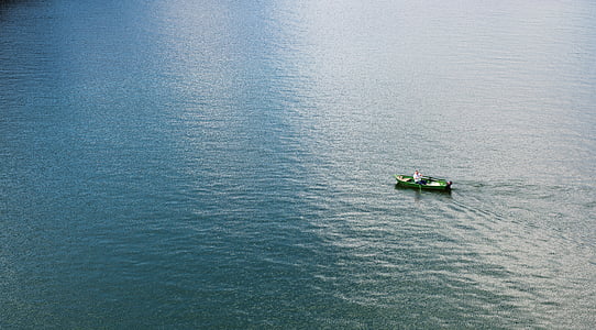 man, riding, green, boat, daytime, rowing, lake