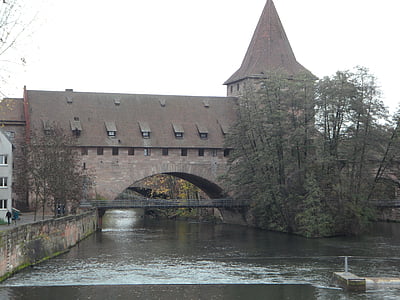 Nuremberg, vieille ville, Pegnitz, pont, automne, tour, rivière