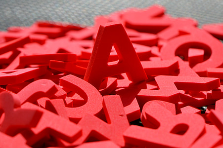 brieven, moosgummi, rood, alfabet