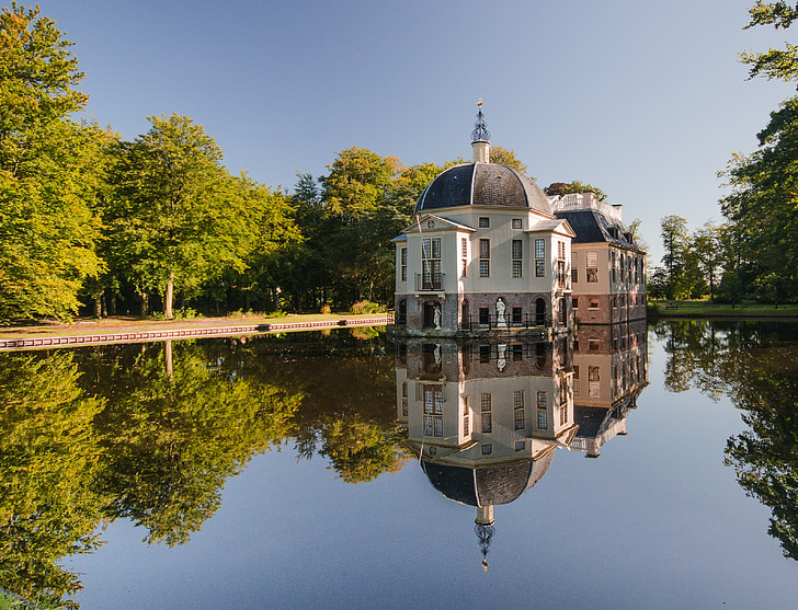 dům, Realitní, Mansion, 17. století, budova, rybník, reflexe