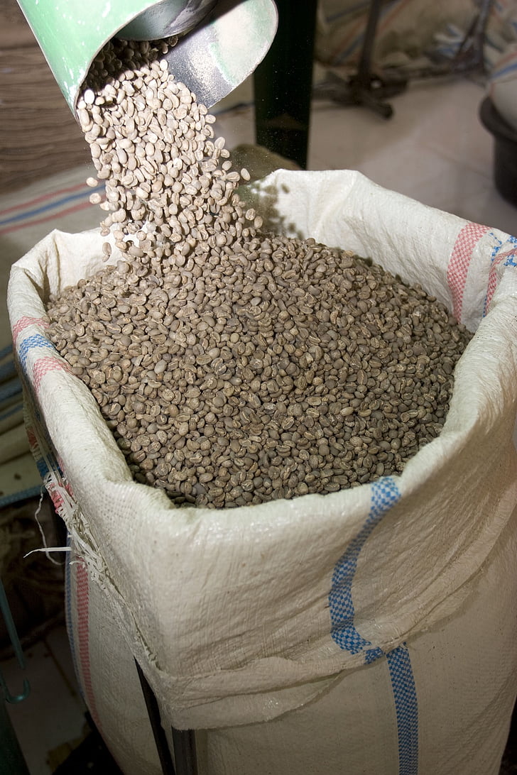 coffee beans, raw, brown, sack, bag, packing, shipment