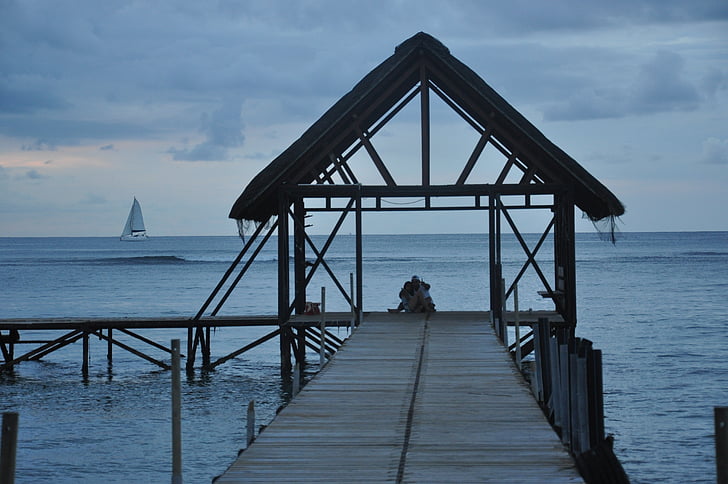 Mauritius, cabine, paar, avond, zee, ponton, eiland