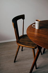 fa, szék, táblázat, bögre, kupa, kávé, beltéri