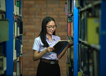 bibliotek, studie av, klasskamrat, akademiska, vuxen, Asia, uppmärksamt
