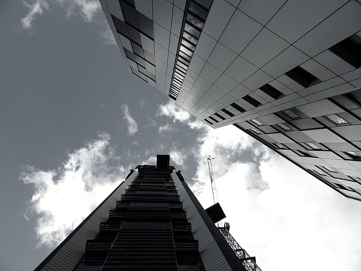 architecture, black-and-white, buildings, business, city, clouds, contemporary