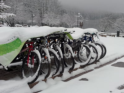 cykel, snö, vinter