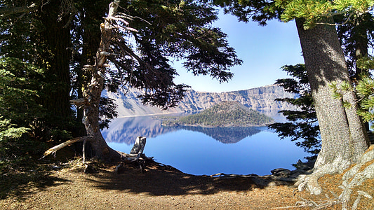 Kráterové jezero, ostrov Průvodce, Oregon, Národní park, modrá, Příroda, jezero