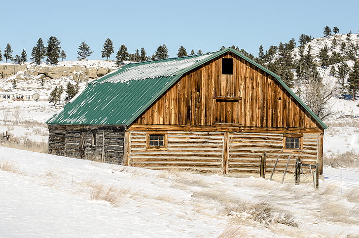 Barn, gỗ, tuyết, mùa đông, phong hóa, kho gỗ, mái nhà màu xanh lá cây