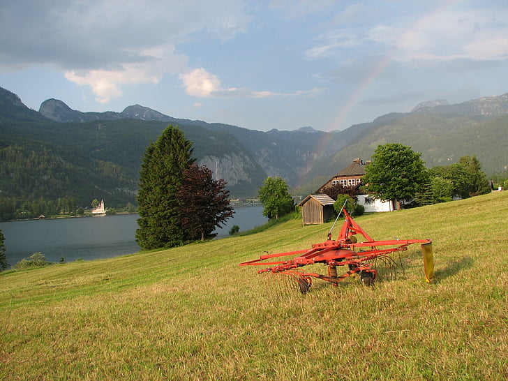 grundlsee, austria, mountains, landscape, field, rainbow